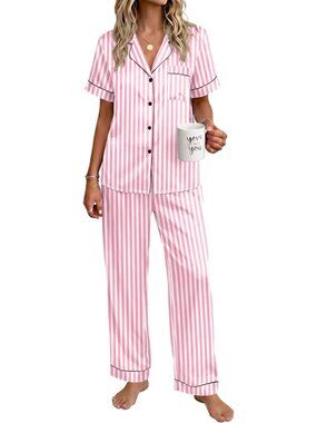 Women's Pink Silky Short Sleeve Button Down Loungewear Pajama Set